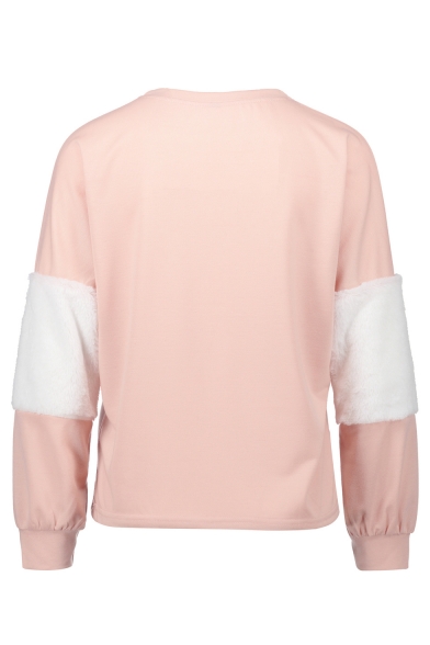 Round Neck Plush Patchwork Long Sleeve Cropped Sweatshirt