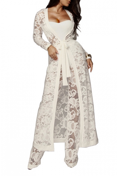Three Pieces Tunic Long Sleeve Lace Coat Wide Leg High Waist Pants with Bandeau Bodysuit