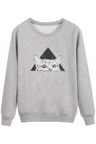 Triangle Cat Printed Round Neck Long Sleeve Sweatshirt