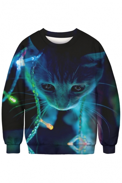 3D Lamp Cat Printed Round Neck Long Sleeve Sweatshirt