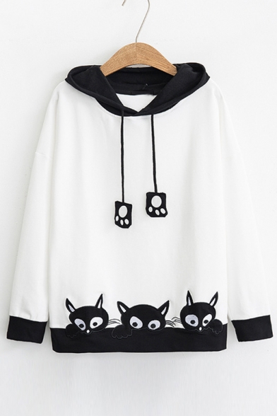 Chic Color Block Cat Embroidered Long Sleeve Casual Hoodie