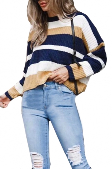 Chic Loose Round Neck Color Block Striped Long Sleeve Cropped Sweater