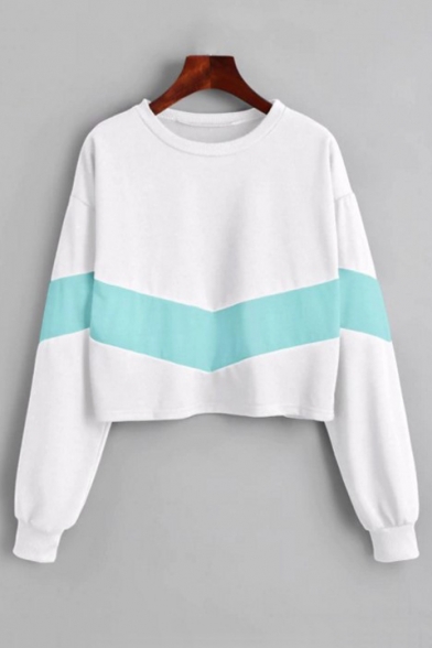 Chic Round Neck Color Block Long Sleeve Cropped Sweatshirt