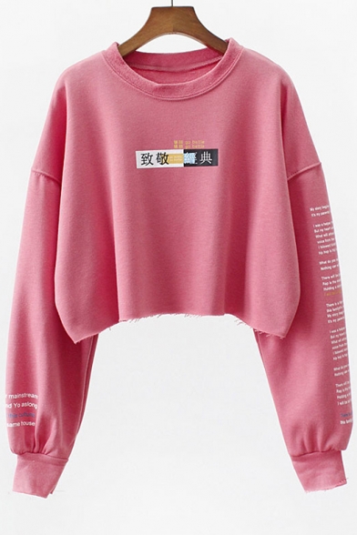 Chinese Graphic Printed Round Neck Long Sleeve Cropped Sweatshirt