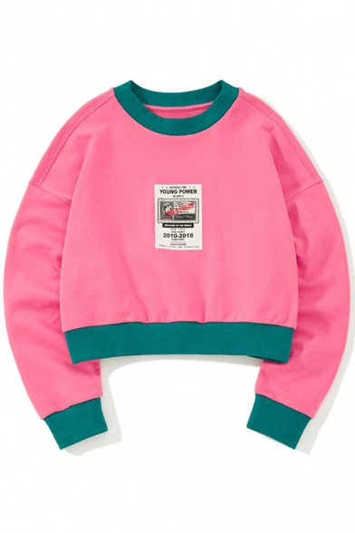 Color Block Graphic Printed Round Neck Long Sleeve Cropped Sweatshirt