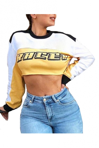 Color Block Letter Printed Round Neck Long Sleeve Cropped Sweatshirt