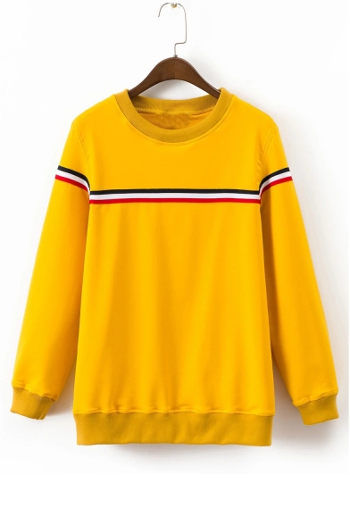 Contrast Striped Round Neck Long Sleeve Casual Pullover Sweatshirt