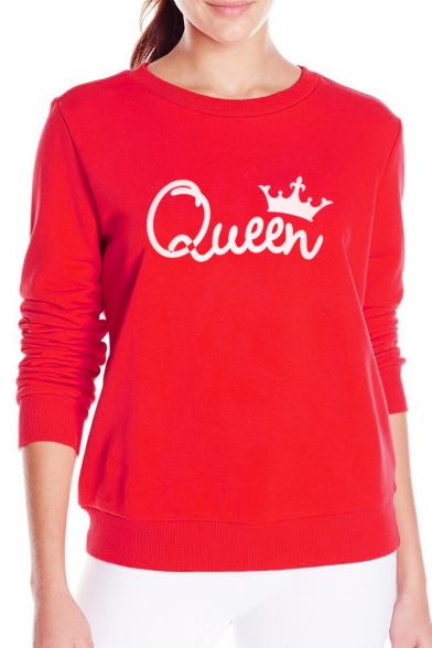 Crown QUEEN Letter Printed Round Neck Long Sleeve Sweatshirt