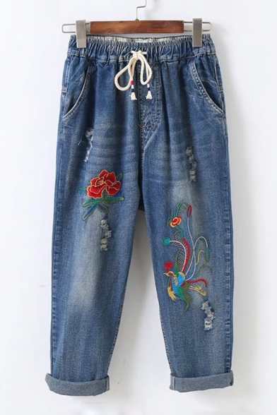 Drawstring Waist Faded Floral Embroidered Distressed Detail Cropped Jeans