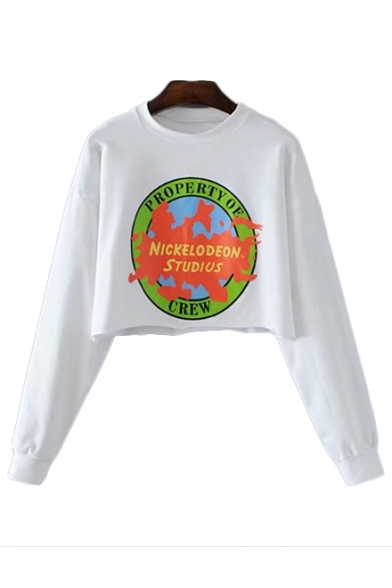 Fashion Graphic Printed Round Neck Long Sleeve Crop Sweatshirt