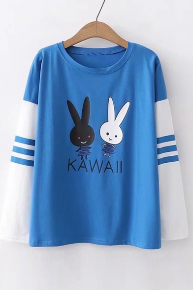 KAWAII Letter Rabbit Printed Color Block Long Sleeve Tee