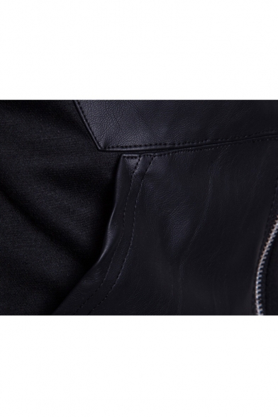 Leather Patchwork Long Sleeve Zip Placket Slim Hoodie