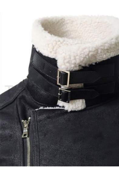 Notch Lapel Collar Long Sleeve Offset Zip Closure Lamb Shearling Leather Jacket