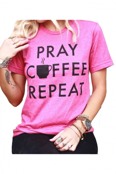 PRAY COFFEE Letter Cup Printed Round Neck Short Sleeve T-Shirt