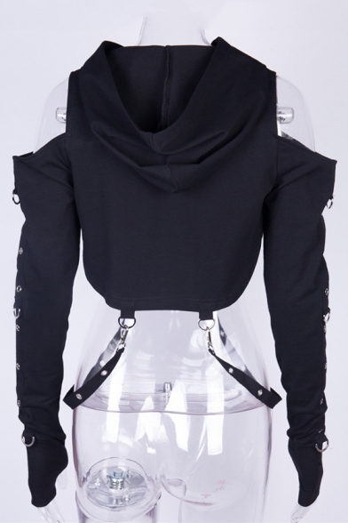 Punk Sexy Cold Shoulder Hollow Out Straps Embellished Long Sleeve Cropped Hoodie
