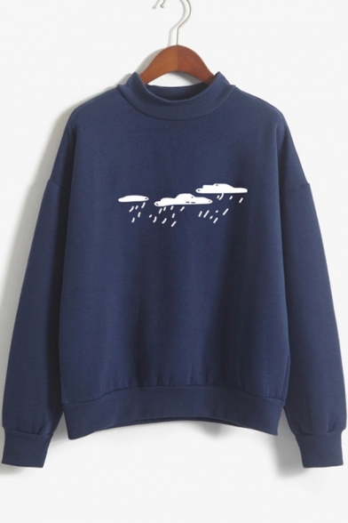 Rainy Cloud Print Mock Neck Long Sleeve Sweatshirt
