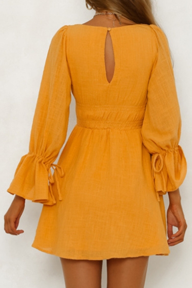 Scoop Neck Long Sleeve Plain Elastic Waist Mini A-Line Dress