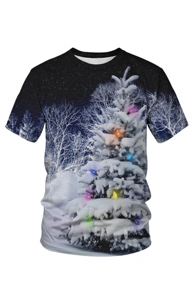 Snow Forest Printed Round Neck Short Sleeve T-Shirt