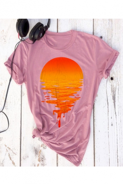 Sunset Printed Round Neck Short Sleeve T-Shirt