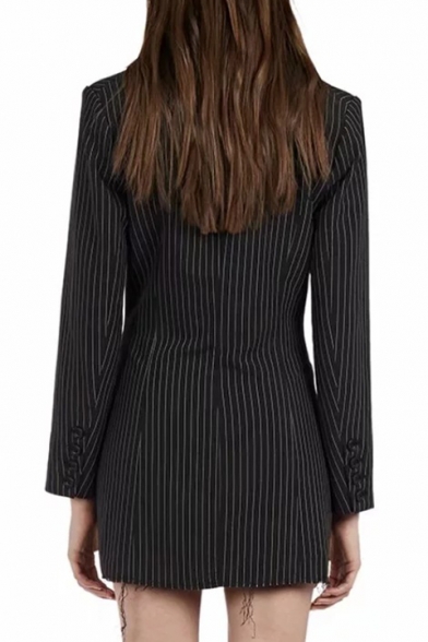 Trendy Peak Notched Lapel Collar Striped Double Breasted Zipper Embellished Tunic Blazer