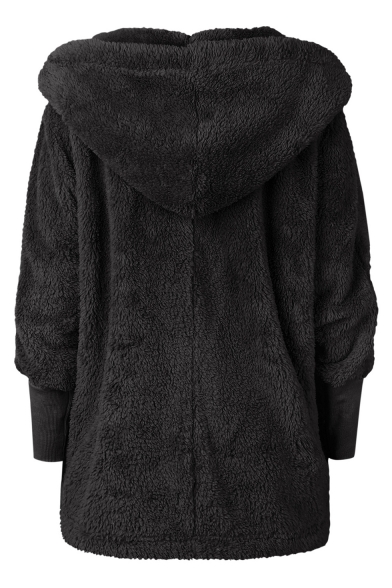 Winter Collection Faux Fur Plain Long Sleeve Rib Knit Cuff Open Front Hooded Coat