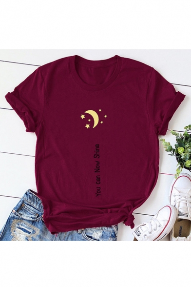 YOU CAN Letter Moon Printed Round Neck Short Sleeve T-Shirt