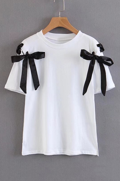 Bow Tie Lace Up Shoulder Round Neck Short Sleeve T-Shirt