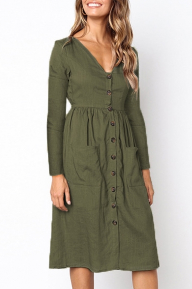 Button Front V Neck Long Sleeve Plain Midi A-Line Dress with Pockets