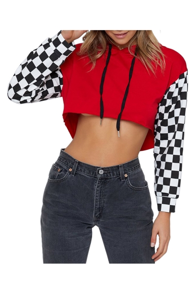 Chic Contrast Plaid Long Sleeve Cropped Hoodie
