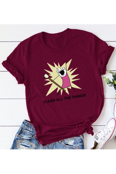 CLEAN ALL Letter Cartoon Printed Round Neck Short Sleeve T-Shirt