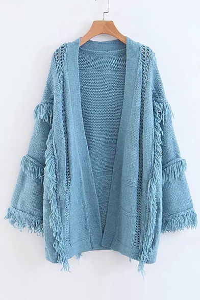Collarless Plain Long Sleeve Tassel Embellished Open Front Knit Cardigan