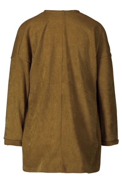 Collarless Plain Open Front Long Sleeve Tunic Cardigan