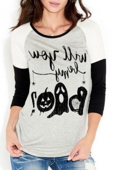 Color Block Halloween Series Letter Printed Round Neck 3/4 Length Sleeve Casual Tee