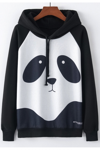 Color Block Panda Raglan Long Sleeve Casual Hoodie