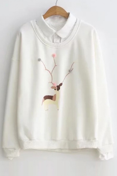 Contrast Lapel Collar Fake Two Pieces Pom Pom Embellished Deer Print Long Sleeve Sweatshirt