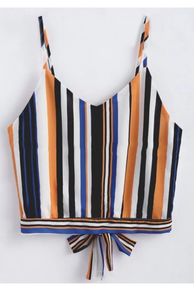 Contrast Striped Printed Spaghetti Straps Sleeveless Bow Tie Back Cropped Cami
