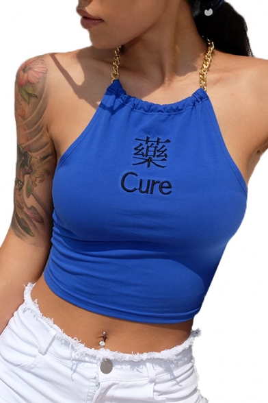 CURE Letter Chinese Embroidered Chain Halter Sleeveless Cropped Cami