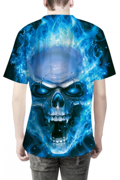 Fire Skull Print Round Neck Short Sleeve T-Shirt