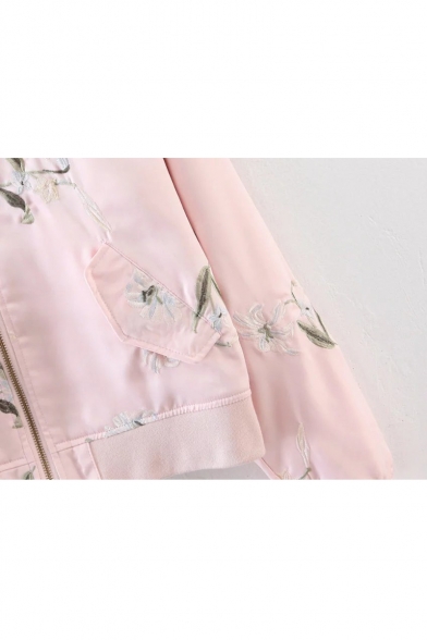 Floral Embroidered Stand Up Collar Long Sleeve Zip Placket Jacket