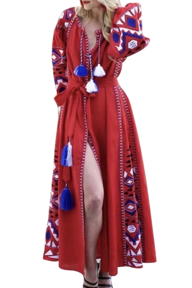 Folk Style Geometric Embroidered V Neck Long Sleeve Tassel Embellished Tie Waist Maxi A-Line Dress