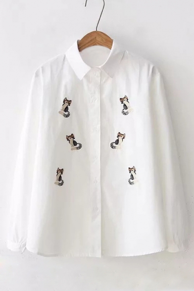Fox Embroidered Lapel Collar Long Sleeve Button Front Casual Shirt
