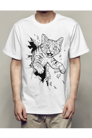 Funny Cat Printed Round Neck Short Sleeve T-Shirt