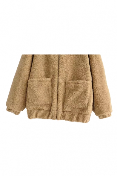 Lapel Collar Plain Long Sleeve Zip Up Faux Fur Jacket with Pockets