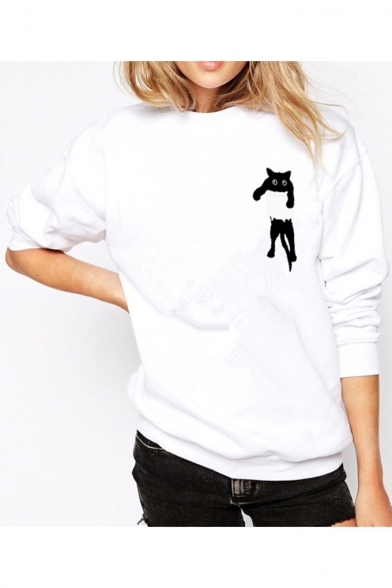 Leisure Pocket Cat Print Round Neck Long Sleeve Sweatshirt