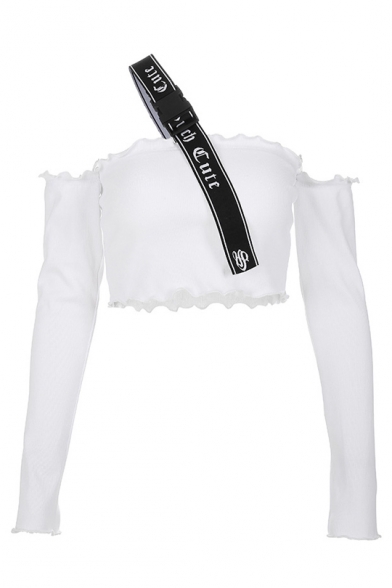 Letter Buckle Straps Cross Off The Shoulder Long Sleeve Cropped Tee