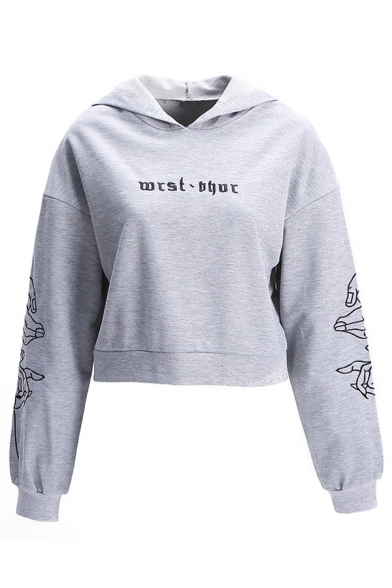 Letter Embroidered Hand Printed Long Sleeve Cropped Hoodie