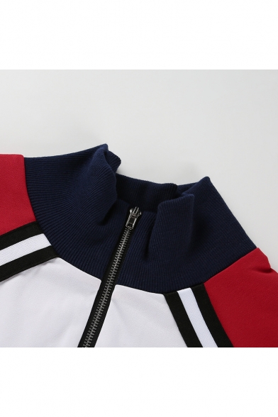 Letter Printed Half-Zip Stand Collar Color Block Long Sleeve Crop Sweatshirt