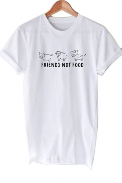 Lovely Animal FRIENDS NOT FOOD Letter Printed Round Neck Short Sleeve Tee