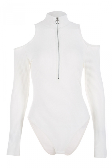 Mock Neck Cold Shoulder Plain Long Sleeve Half-Zip Front Slim Bodysuit