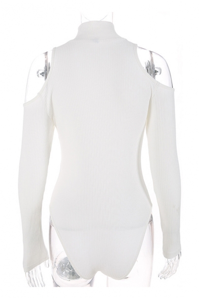 Mock Neck Cold Shoulder Plain Long Sleeve Half-Zip Front Slim Bodysuit